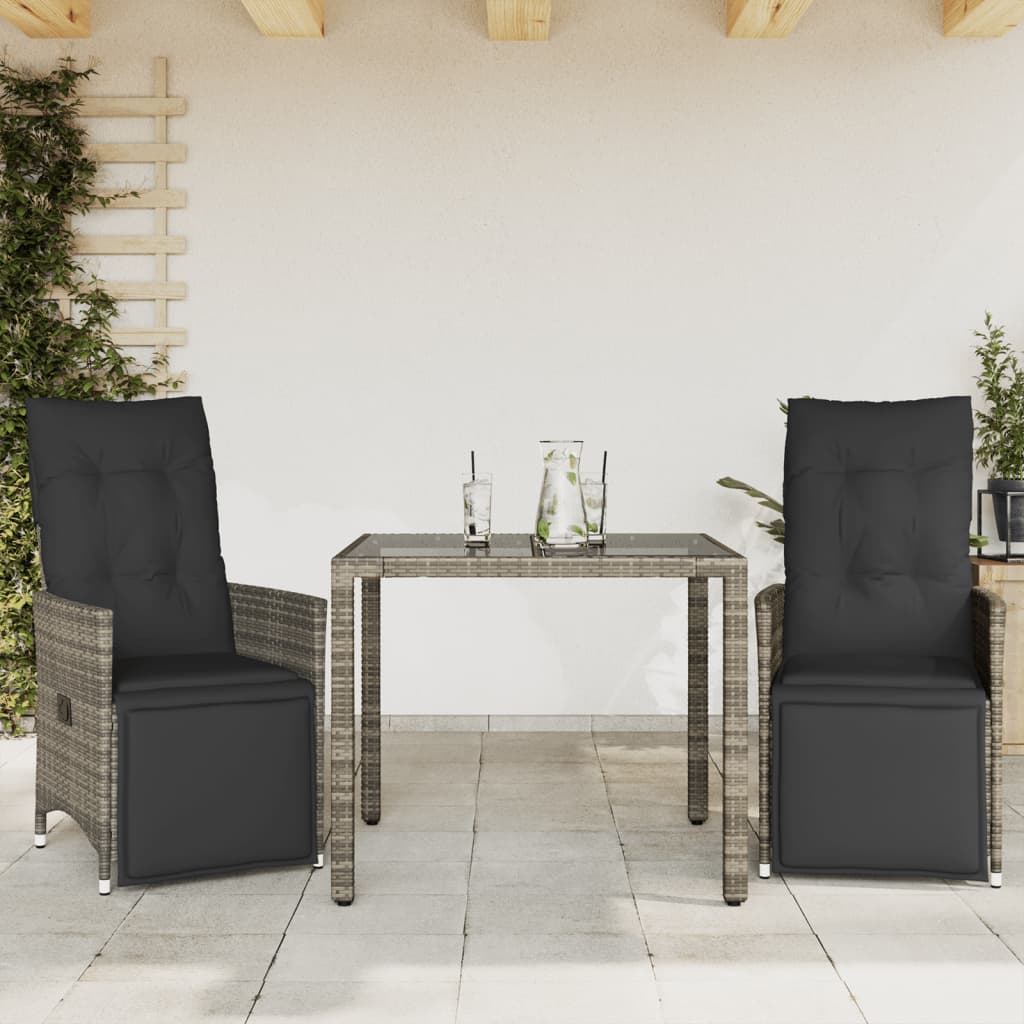 vidaXL 3-tlg. Garten-Bistro-Set mit Kissen Grau Poly Rattan