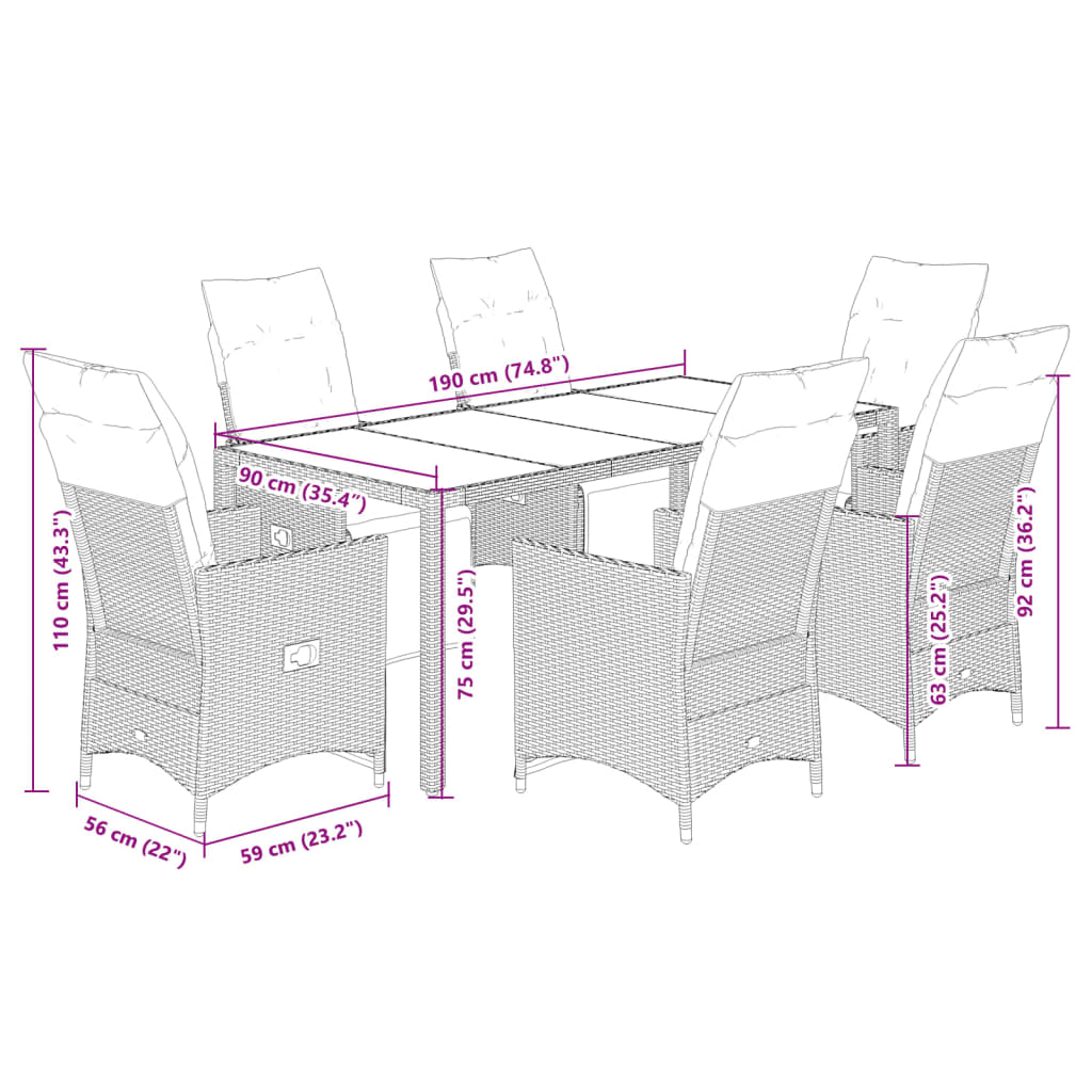 imagem de vidaXL 7 pcs conjunto bistrô de jardim c/ almofadões vime PE cinza8