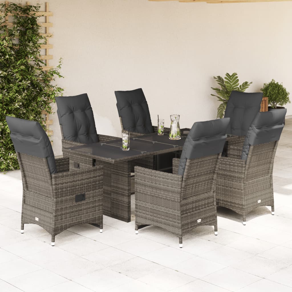 vidaXL 7-tlg. Garten-Bistro-Set mit Kissen Grau Poly Rattan