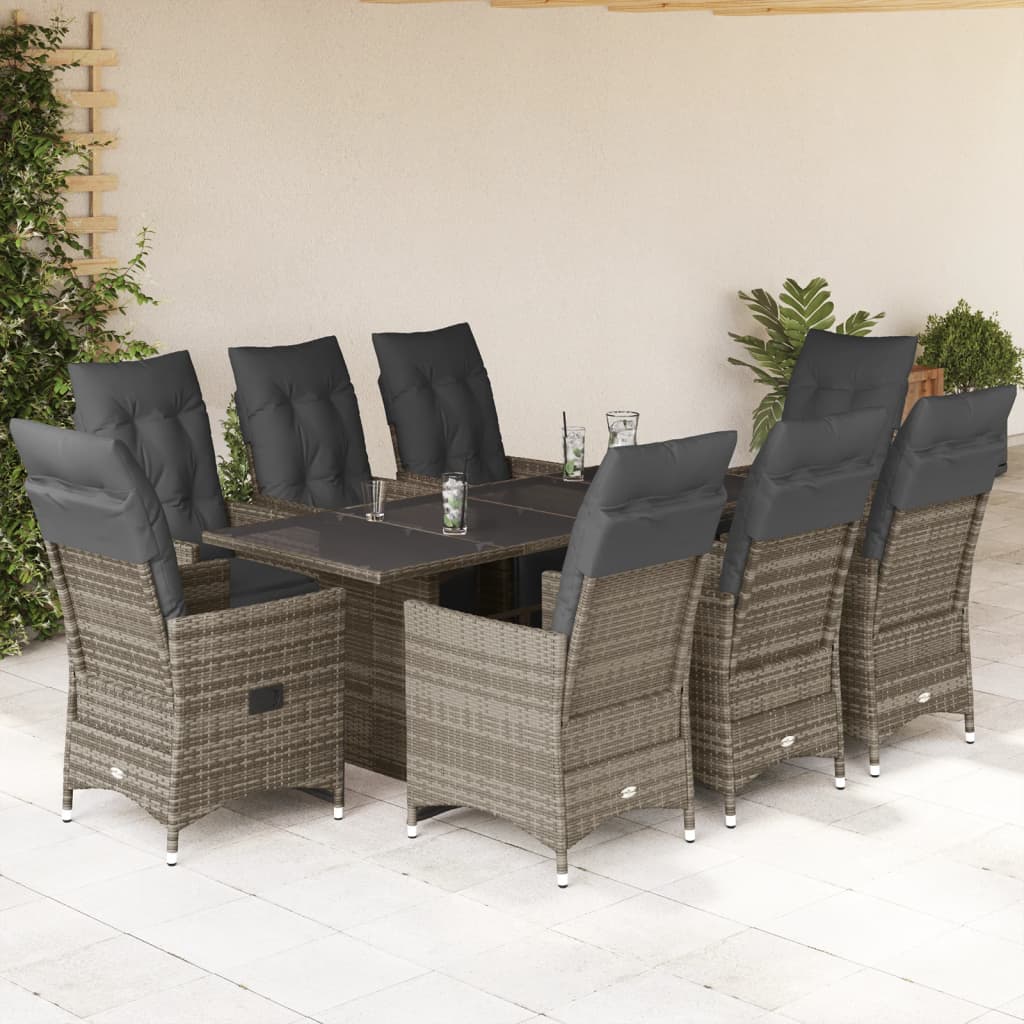 vidaXL 9-tlg. Garten-Bistro-Set mit Kissen Grau Poly Rattan