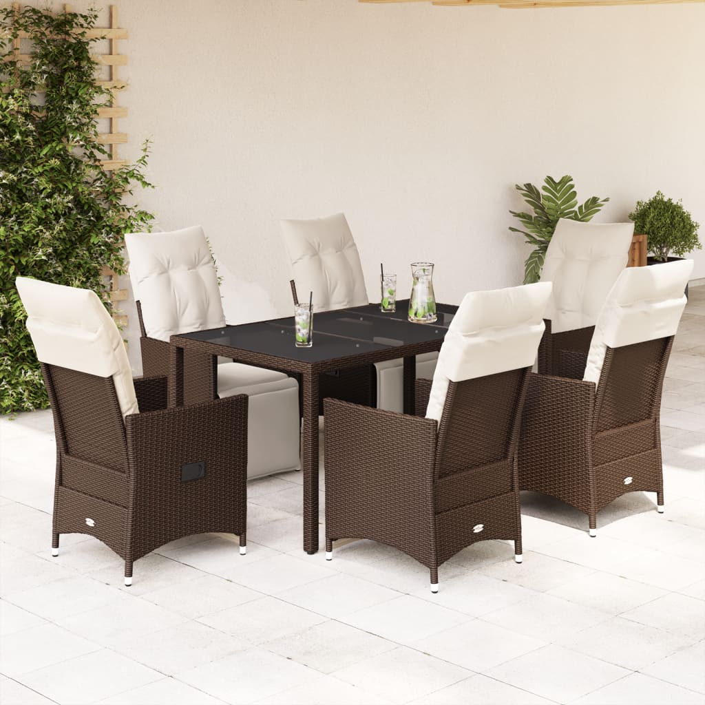 vidaXL 7-tlg. Garten-Bistro-Set mit Kissen Braun Poly Rattan