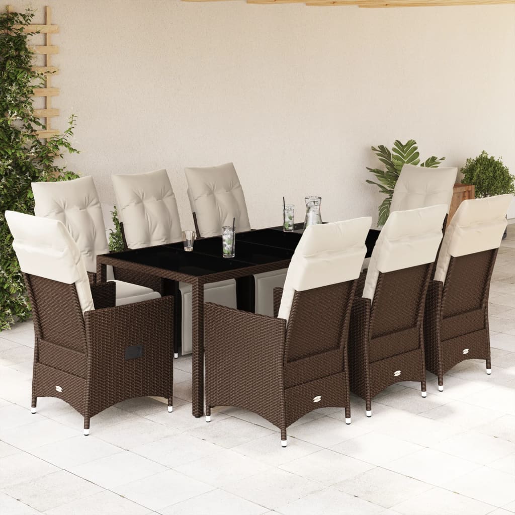 vidaXL 9-tlg. Garten-Bistro-Set mit Kissen Braun Poly Rattan