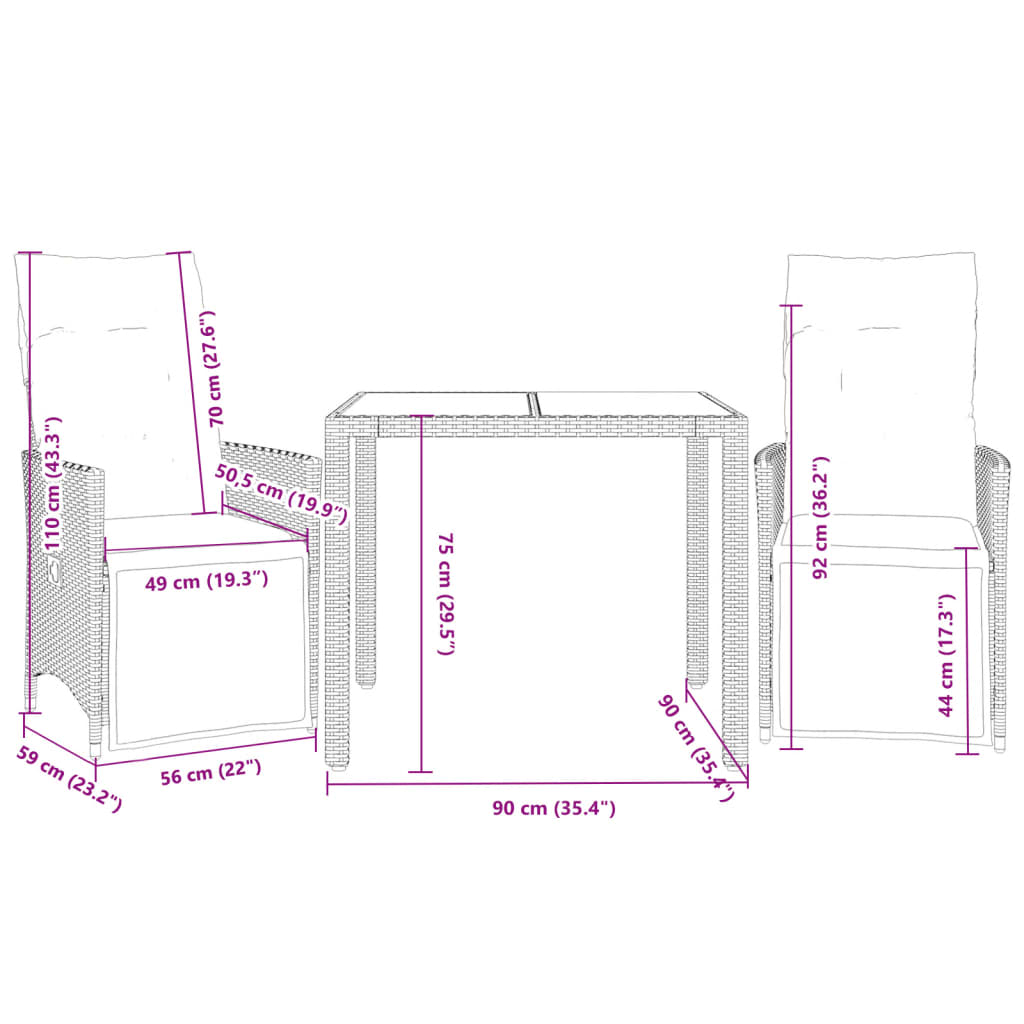 imagem de vidaXL 3 pcs conjunto de bistrô para jardim c/ almofadões vime PE bege8