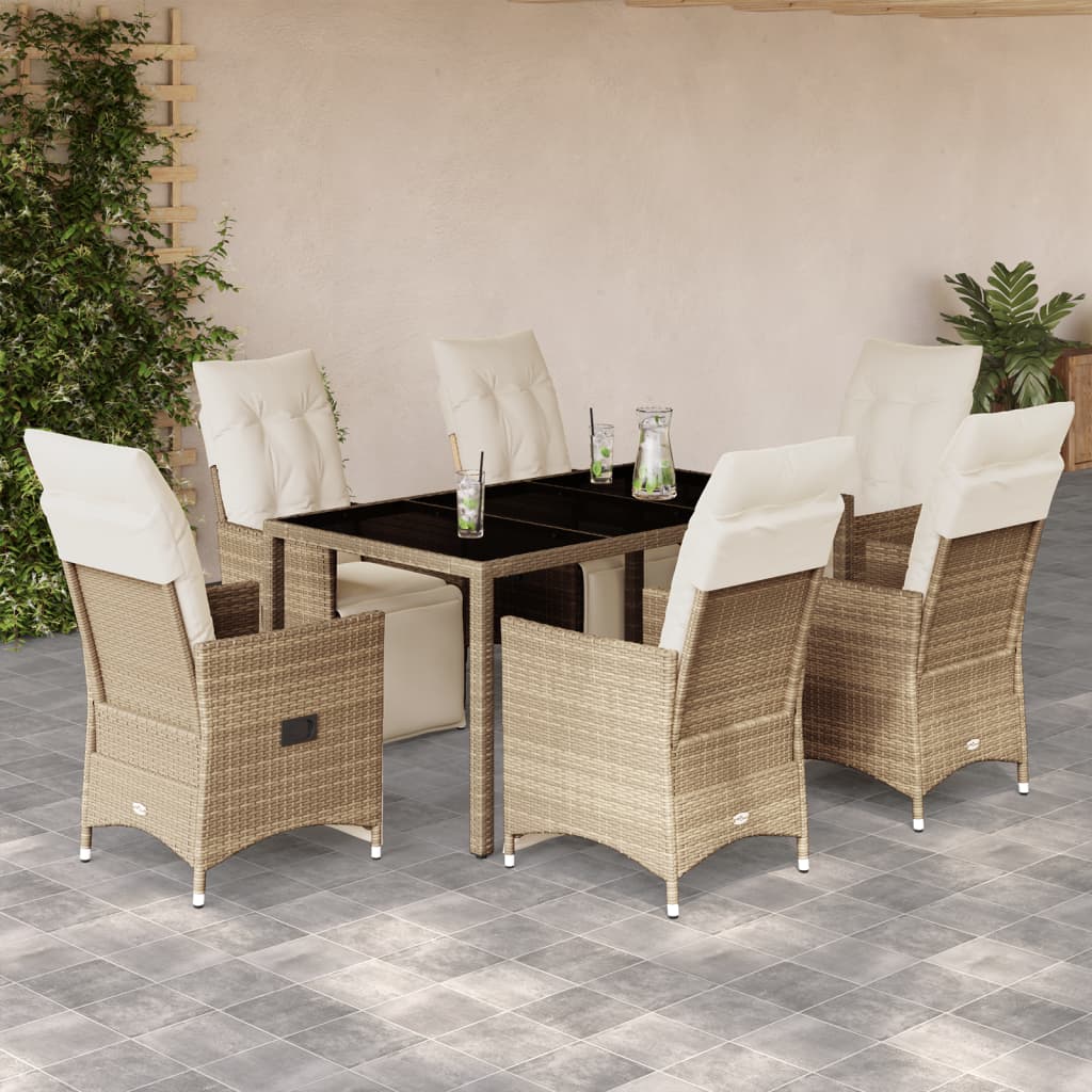 7-tlg. Garten-Bistro-Set mit Kissen Beige Poly Rattan