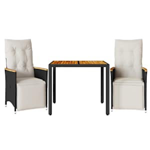 3dílný zahradní bistro set s poduškami černý polyratan - obrázek 2