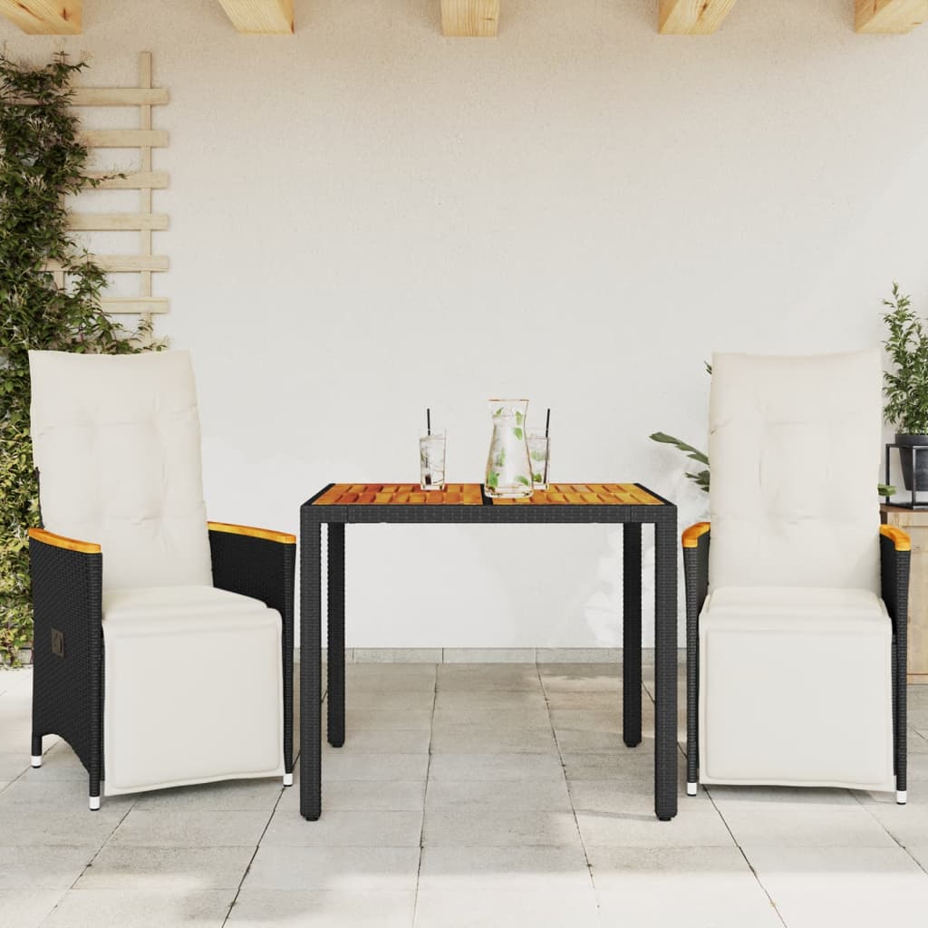 vidaXL 3-tlg. Garten-Bistro-Set mit Kissen Schwarz Poly Rattan