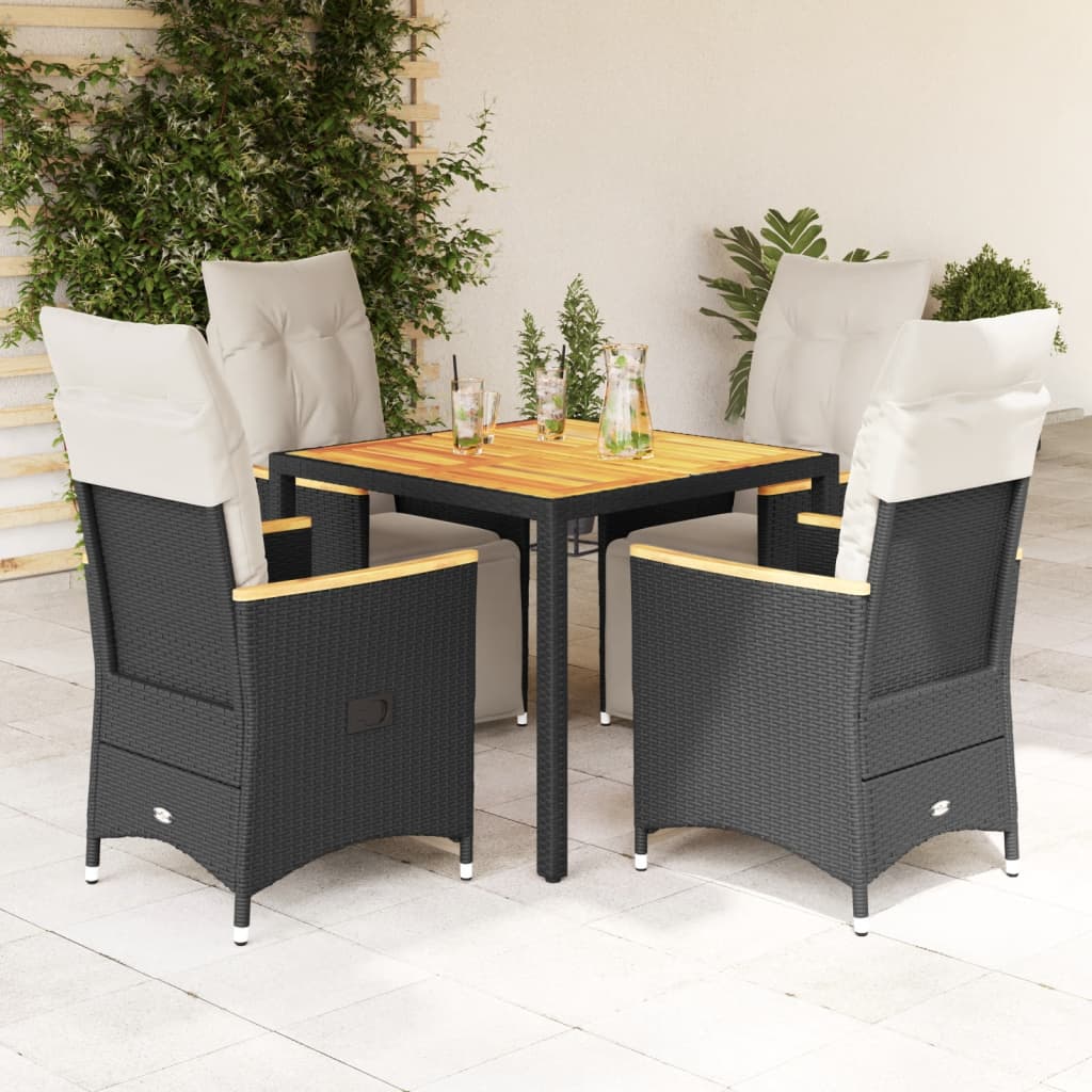 vidaXL 5-tlg. Garten-Bistro-Set mit Kissen Schwarz Poly Rattan