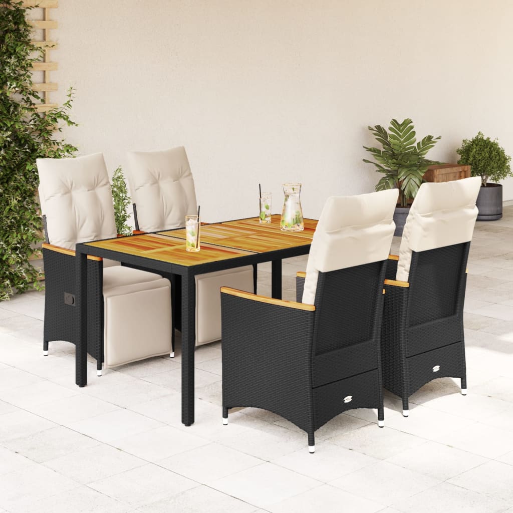 vidaXL Set bistro de grădină cu perne, 5 piese, negru, poliratan