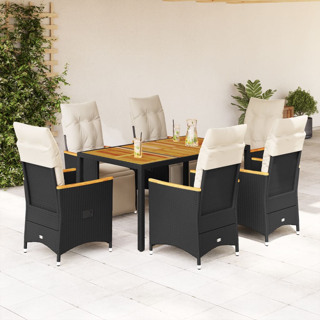 vidaXL Set bistro de grădină, 7 piese, cu perne, negru, poliratan
