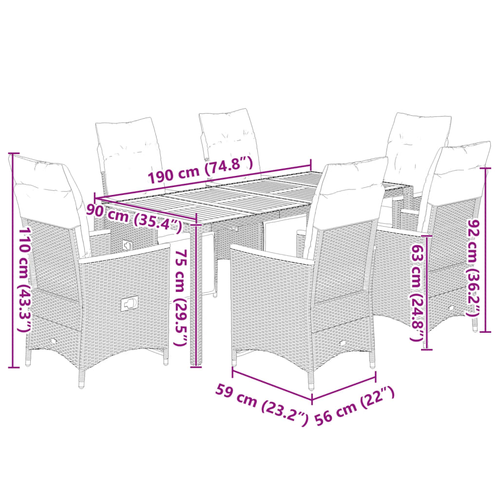 imagem de vidaXL 7 pcs conjunto de bistrô p/ jardim c/ almofadões vime PE preto8