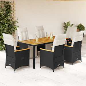 7dílný zahradní bistro set s poduškami černý polyratan - obrázek 1