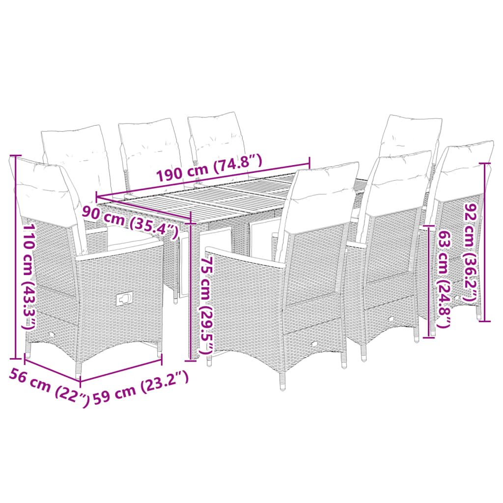 imagem de vidaXL 9 pcs conjunto de bistrô p/ jardim c/ almofadões vime PE preto8