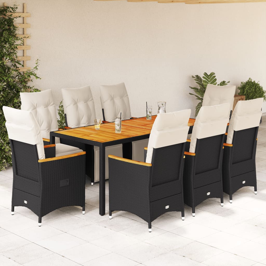 9-tlg. Garten-Bistro-Set mit Kissen Schwarz Poly Rattan