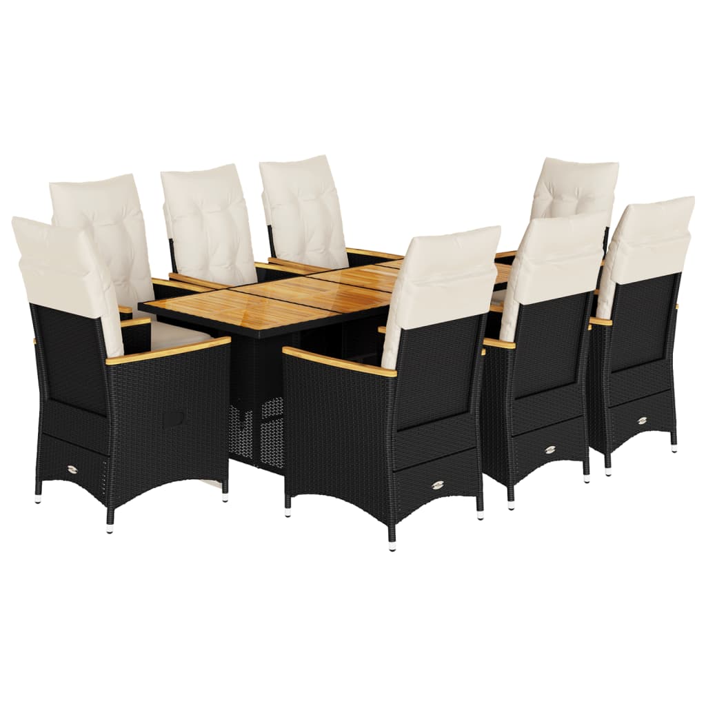 vidaXL Set bistro de grădină, 9 piese, cu perne, negru, poliratan