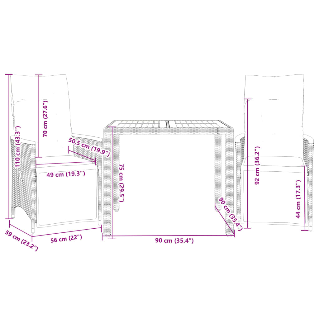 imagem de vidaXL 3 pcs conjunto bistrô de jardim c/ almofadões vime PE cinza8