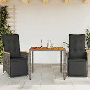 3dílný zahradní bistro set s poduškami šedý polyratan - obrázek 1