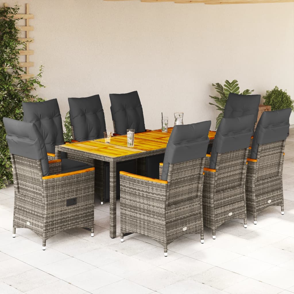 vidaXL Set bistro de grădină cu perne, 9 piese, gri, poliratan