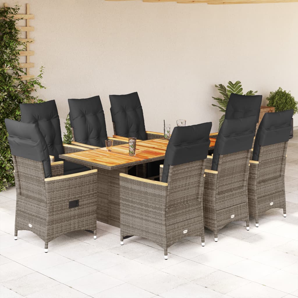 9-tlg. Garten-Bistro-Set mit Kissen Grau Poly Rattan