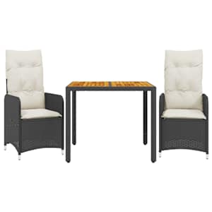 3dílný zahradní bistro set s poduškami černý polyratan - obrázek 2