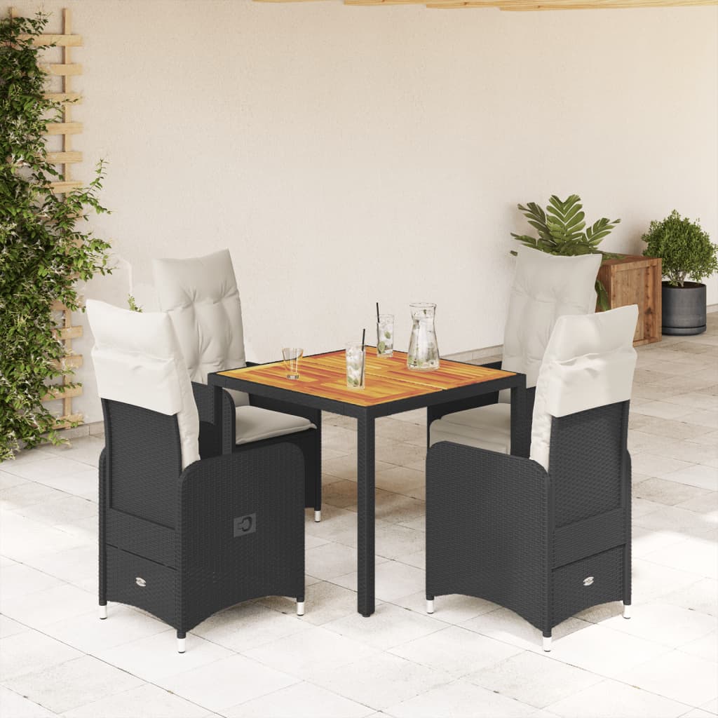 vidaXL 5-tlg. Garten-Bistro-Set mit Kissen Schwarz Poly Rattan