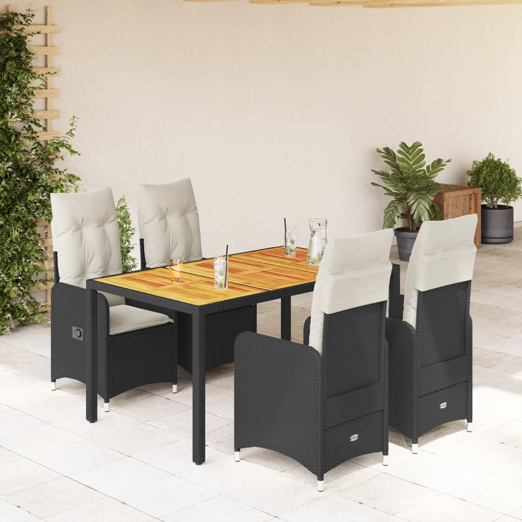 vidaXL Set bistro de grădină cu perne, 5 piese, negru, poliratan