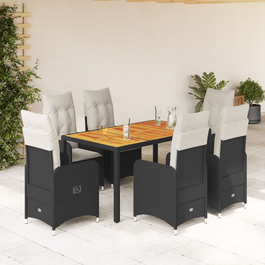 vidaXL Set bistro de grădină, 7 piese, cu perne, negru, poliratan