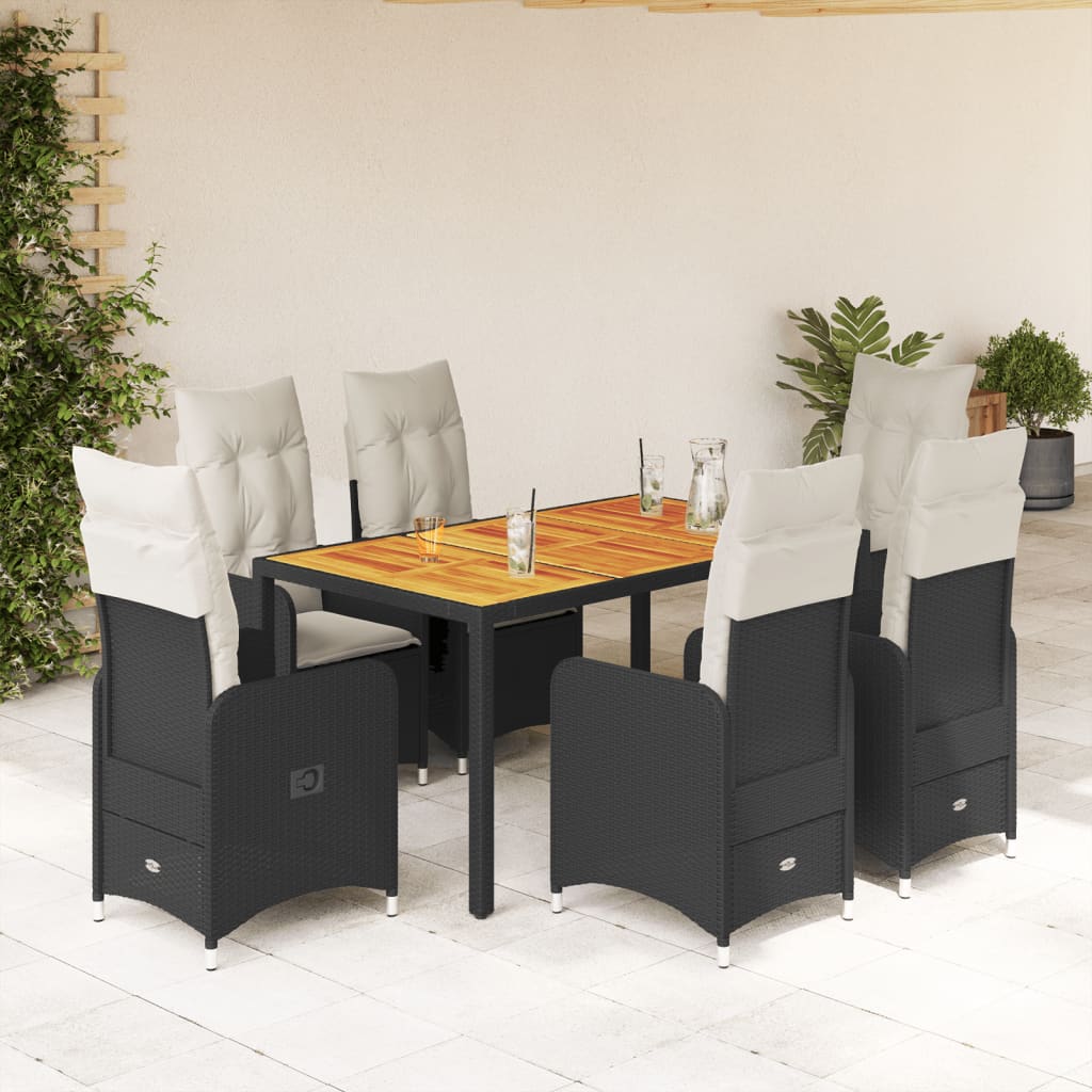 vidaXL Set bistro de grădină, 7 piese, cu perne, negru, poliratan