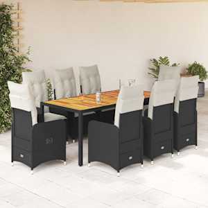 9dílný zahradní bistro set s poduškami černý polyratan - obrázek 1