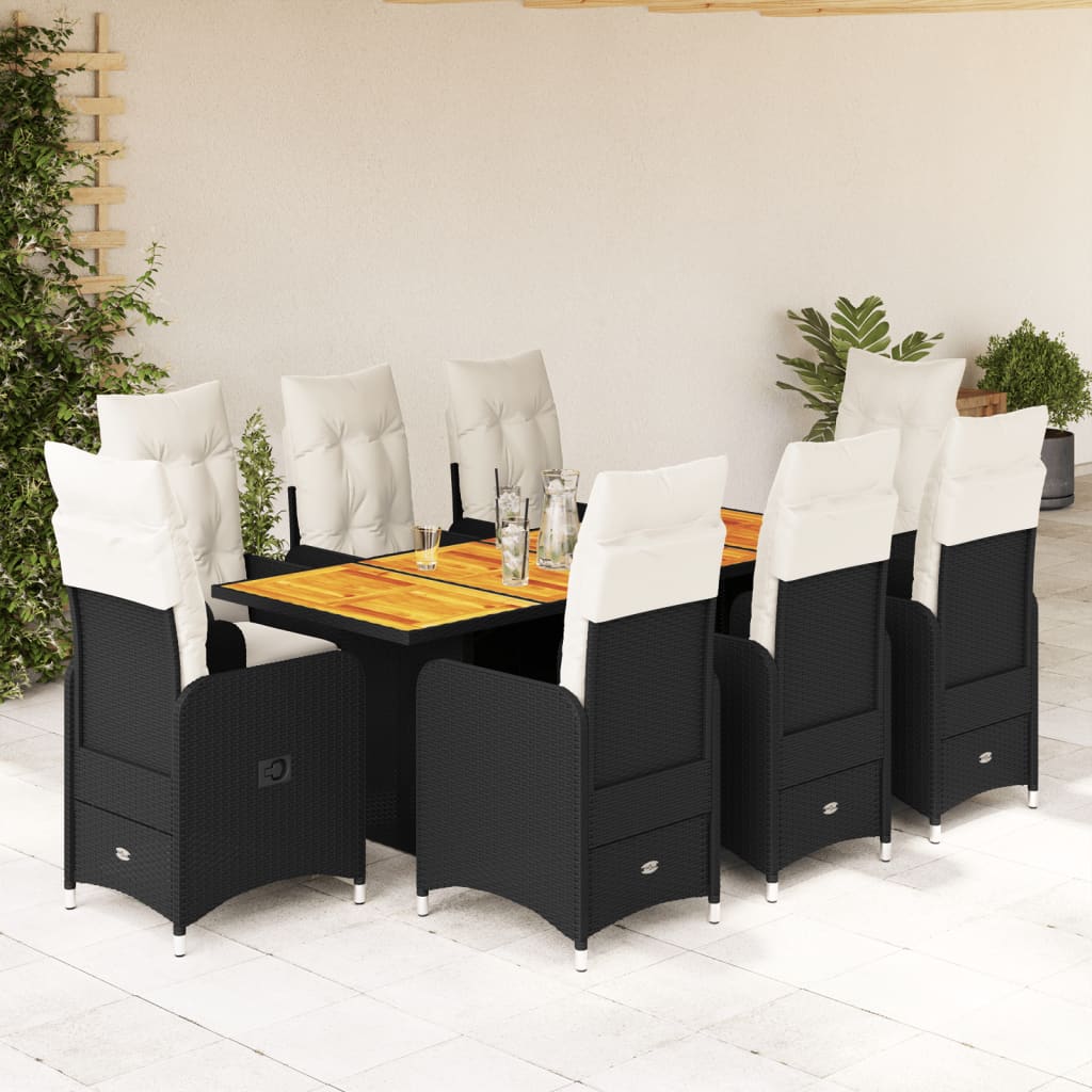 vidaXL 9-tlg. Garten-Bistro-Set mit Kissen Schwarz Poly Rattan