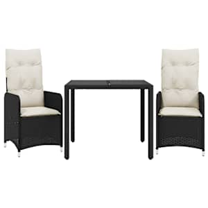 3dílný zahradní bistro set s poduškami černý polyratan - obrázek 2