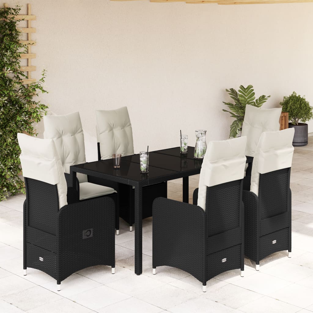 7-tlg. Garten-Bistro-Set mit Kissen Schwarz Poly Rattan