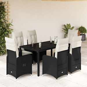 7dílný zahradní bistro set s poduškami černý polyratan - obrázek 1