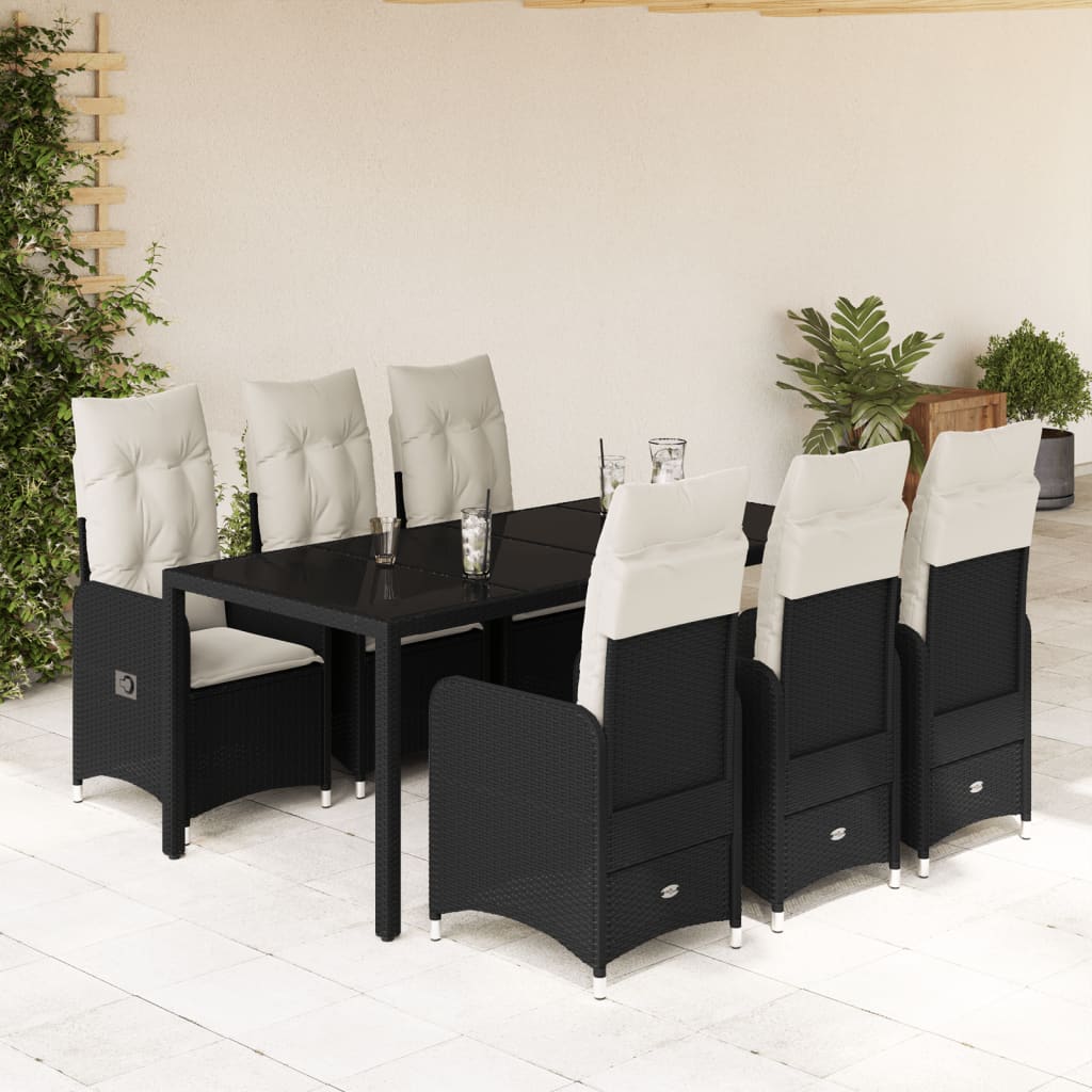 7-tlg. Garten-Bistro-Set mit Kissen Schwarz Poly Rattan