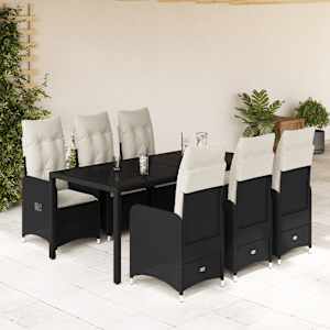 7dílný zahradní bistro set s poduškami černý polyratan - obrázek 1