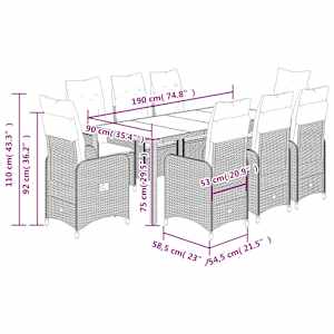 9dílný zahradní bistro set s poduškami černý polyratan - obrázek 9