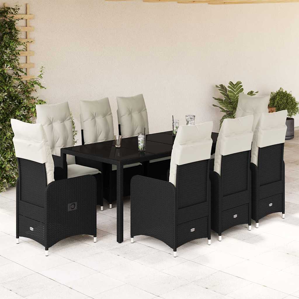 vidaXL 9-tlg. Garten-Bistro-Set mit Kissen Schwarz Poly Rattan