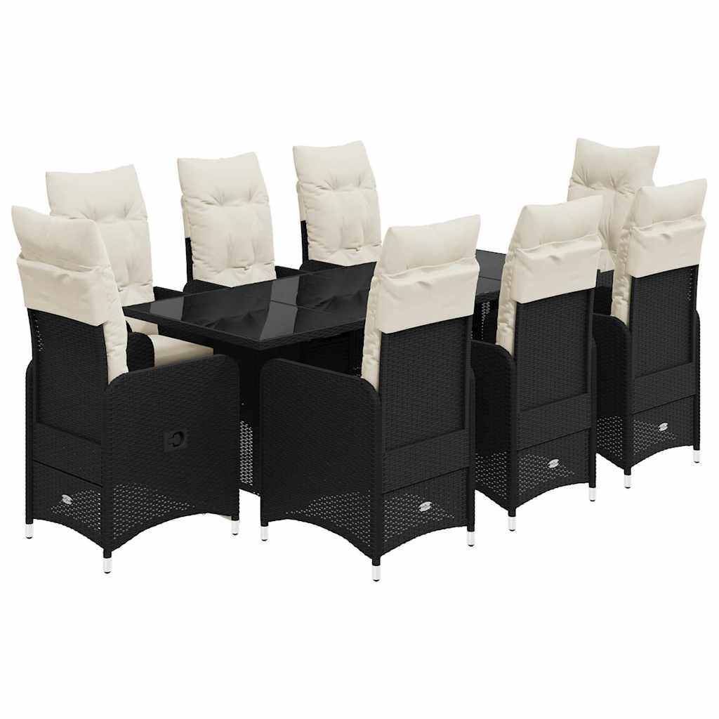 vidaXL Set bistro de grădină, 9 piese, cu perne, negru, poliratan
