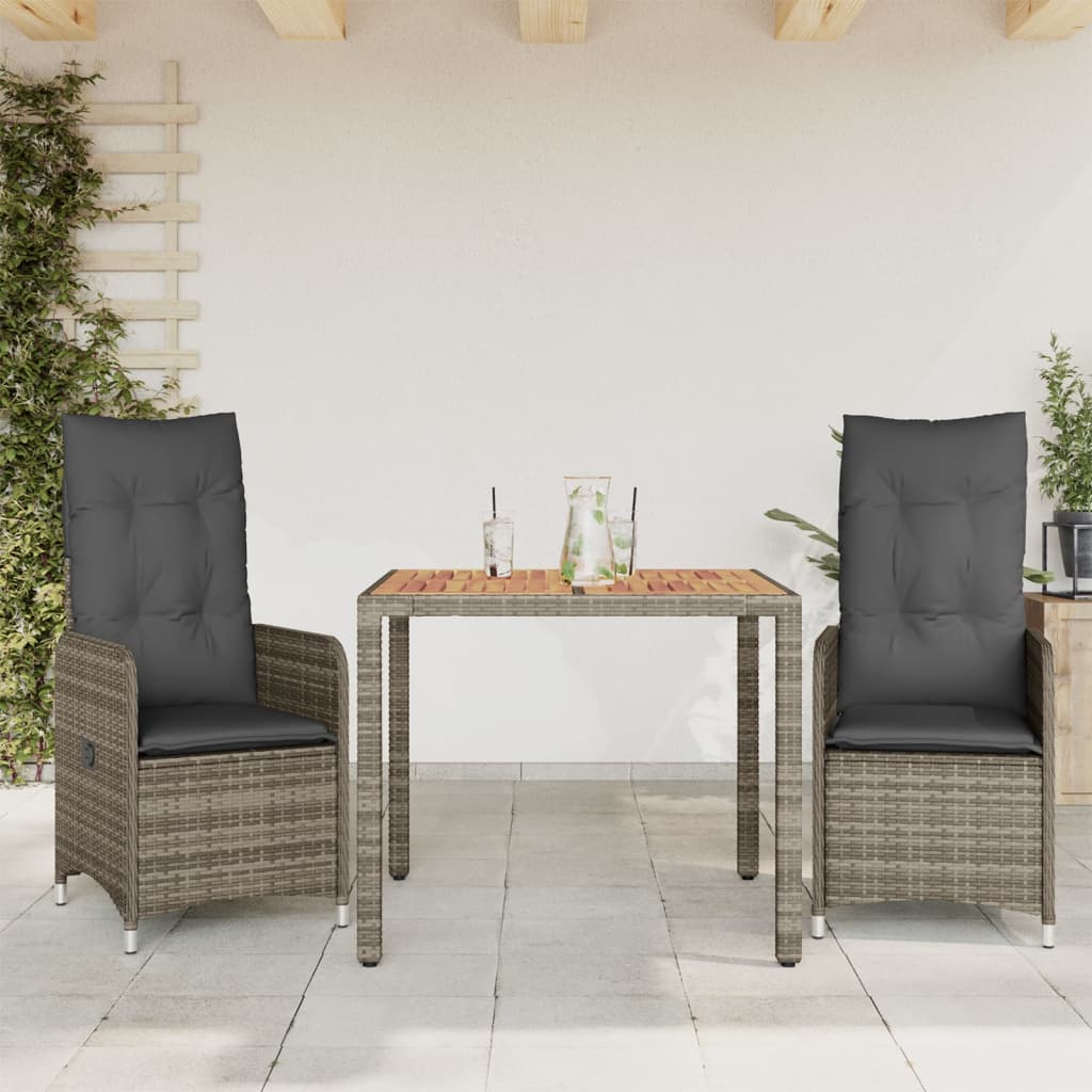 vidaXL 3-tlg. Garten-Bistro-Set mit Kissen Grau Poly Rattan