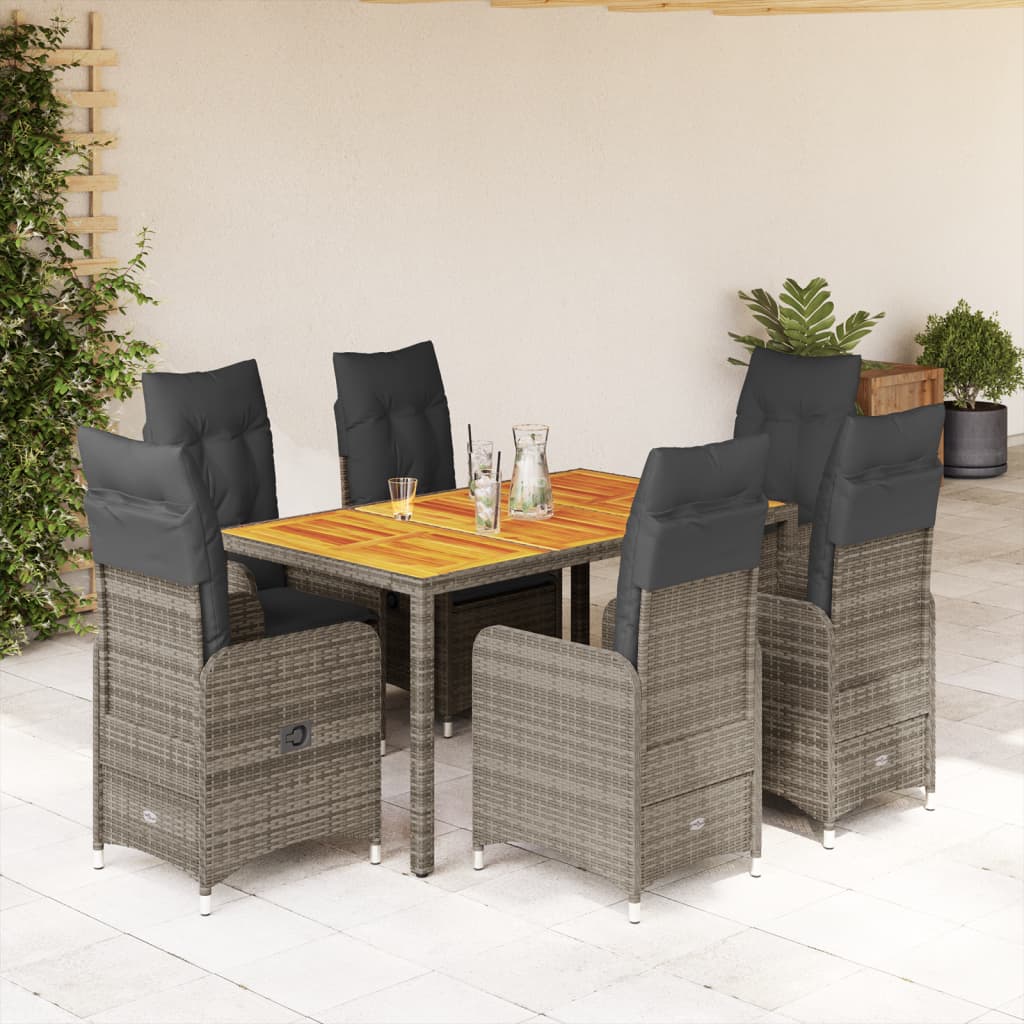 vidaXL 7-tlg. Garten-Bistro-Set mit Kissen Grau Poly Rattan