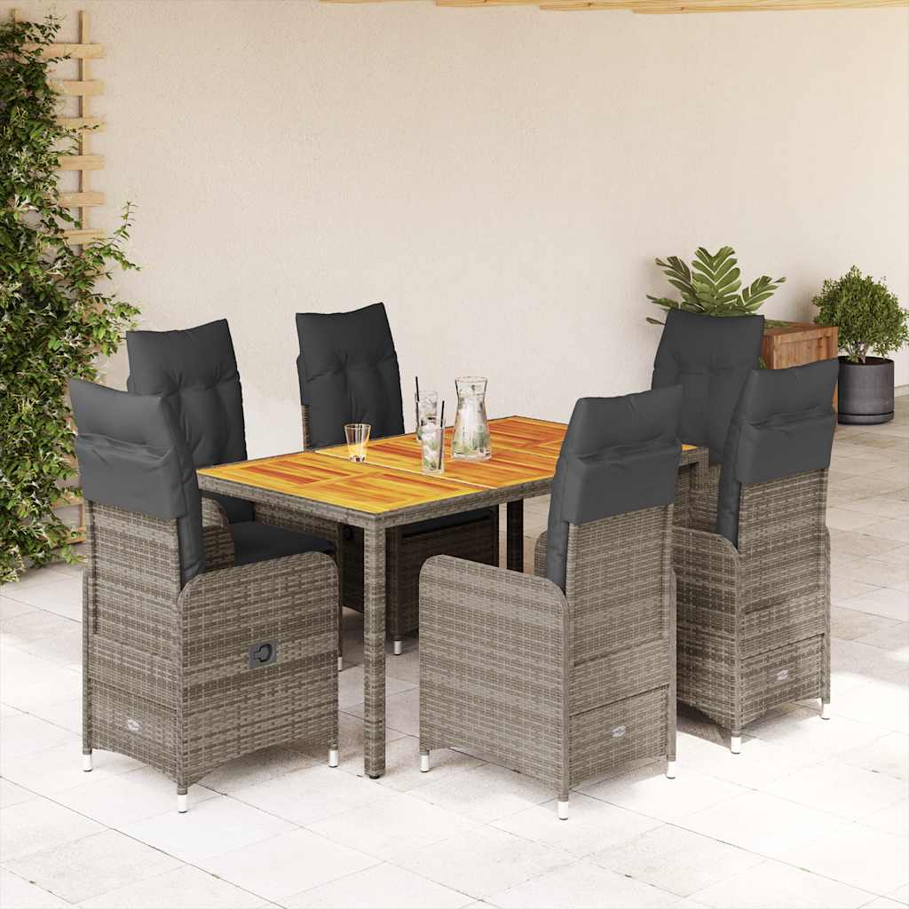 vidaXL 7-tlg. Garten-Bistro-Set mit Kissen Grau Poly Rattan