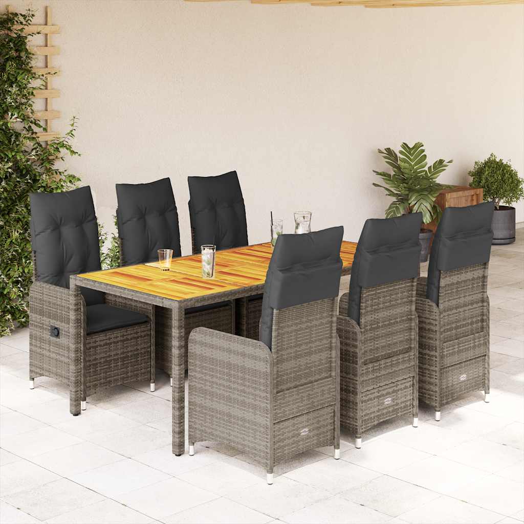 vidaXL Set bistro de grădină cu perne, 7 piese, gri, poliratan