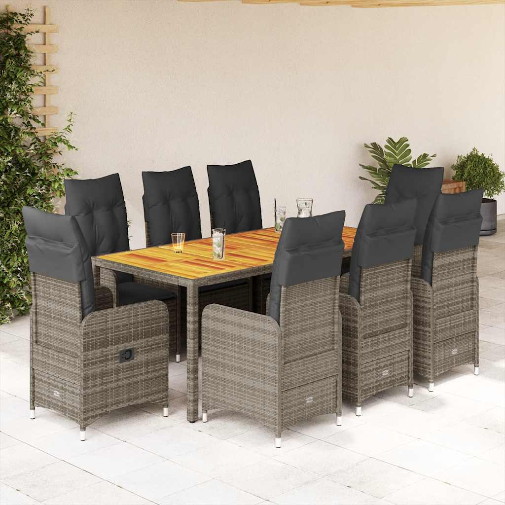 vidaXL Set bistro de grădină cu perne, 9 piese, gri, poliratan