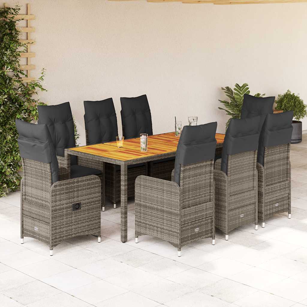 vidaXL Set bistro de grădină cu perne, 9 piese, gri, poliratan