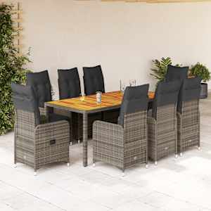 9dílný zahradní bistro set s poduškami šedý polyratan - obrázek 1