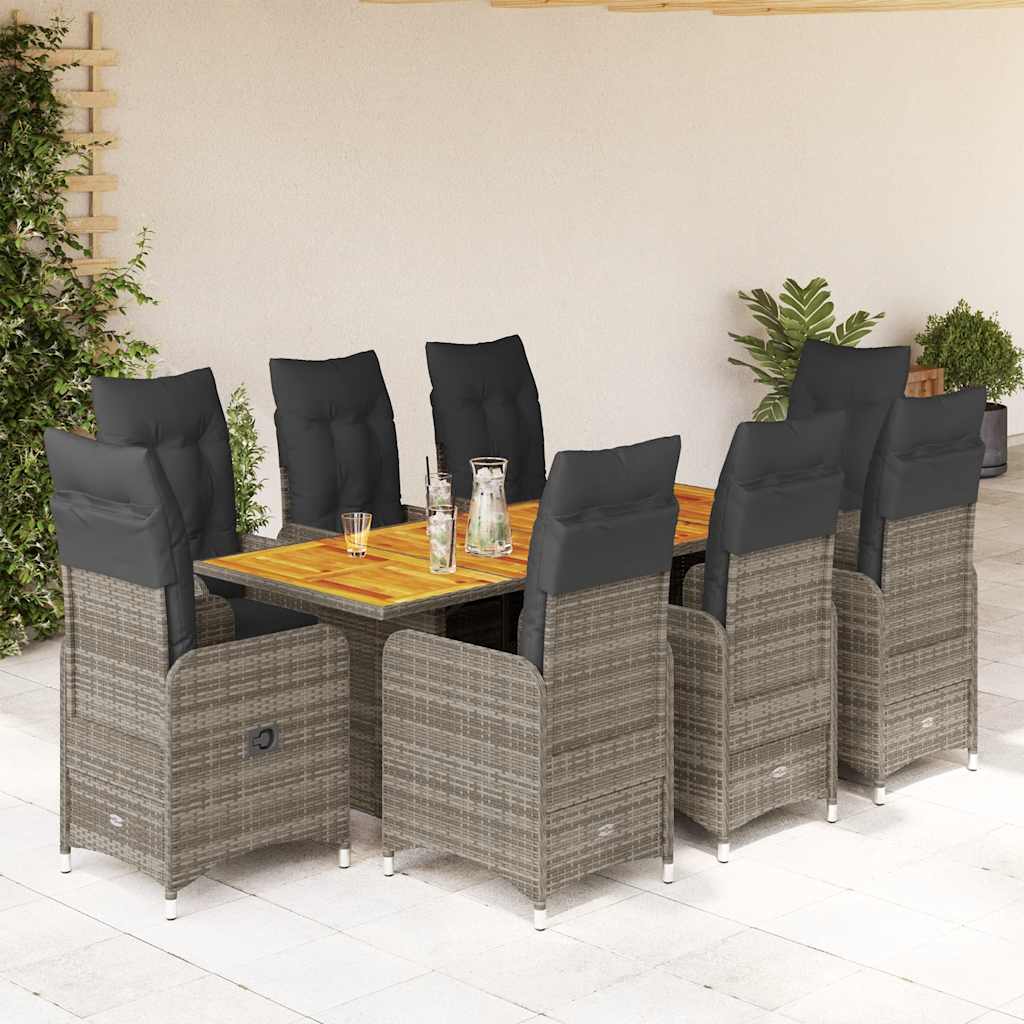 vidaXL 9-tlg. Garten-Bistro-Set mit Kissen Grau Poly Rattan