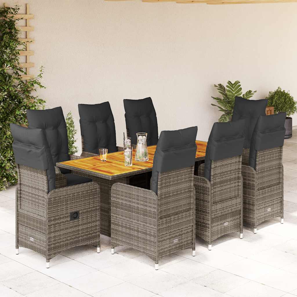 vidaXL 9-tlg. Garten-Bistro-Set mit Kissen Grau Poly Rattan