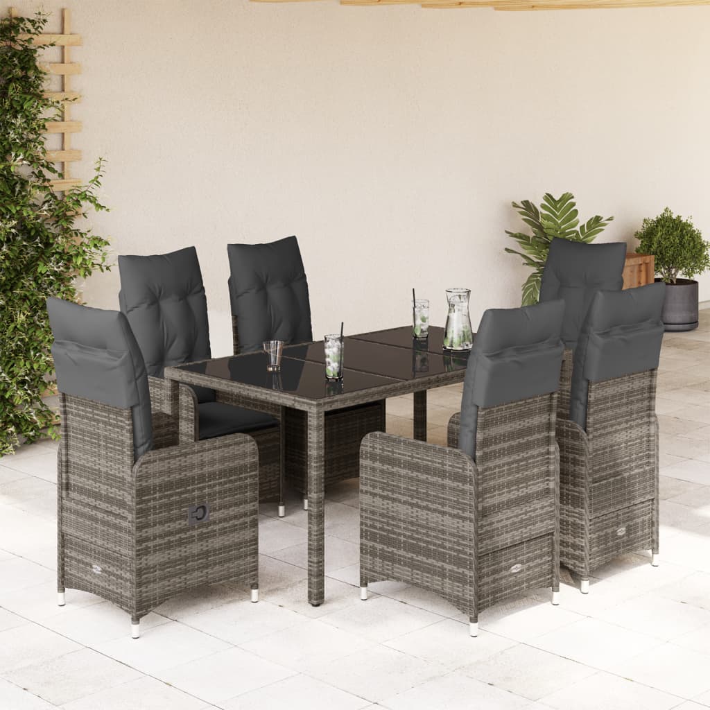 7-tlg. Garten-Bistro-Set mit Kissen Grau Poly Rattan