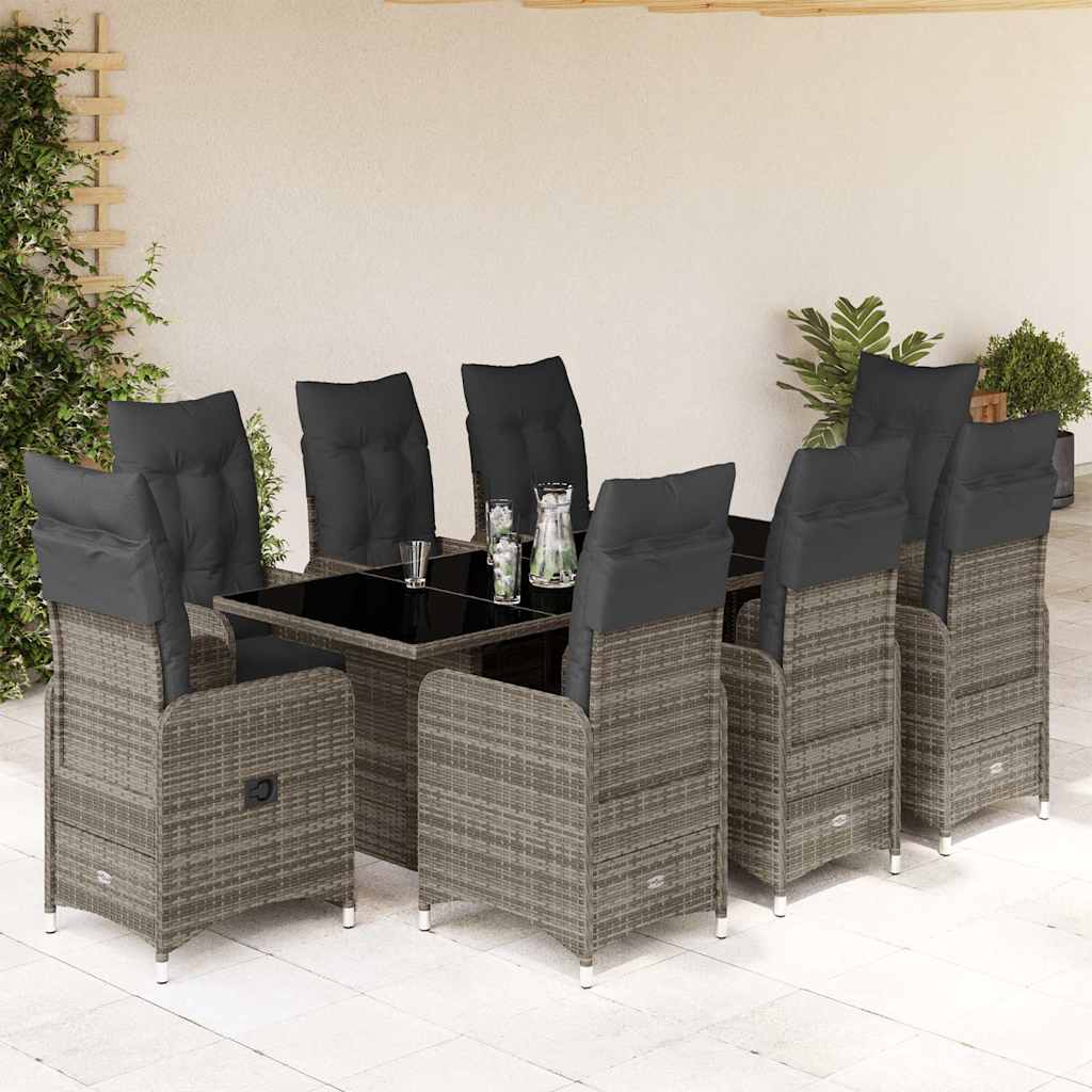 vidaXL Set bistro de grădină cu perne, 9 piese, gri, poliratan