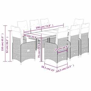 9dílný zahradní bistro set s poduškami hnědý polyratan - obrázek 9