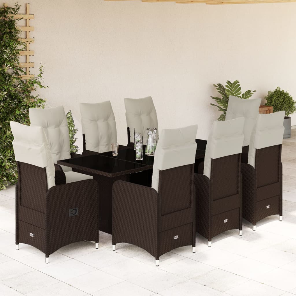 vidaXL 9-tlg. Garten-Bistro-Set mit Kissen Braun Poly Rattan